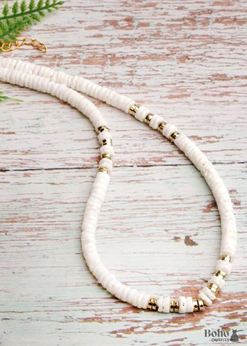 Boho Necklace, Natural Shell Cowrie in White